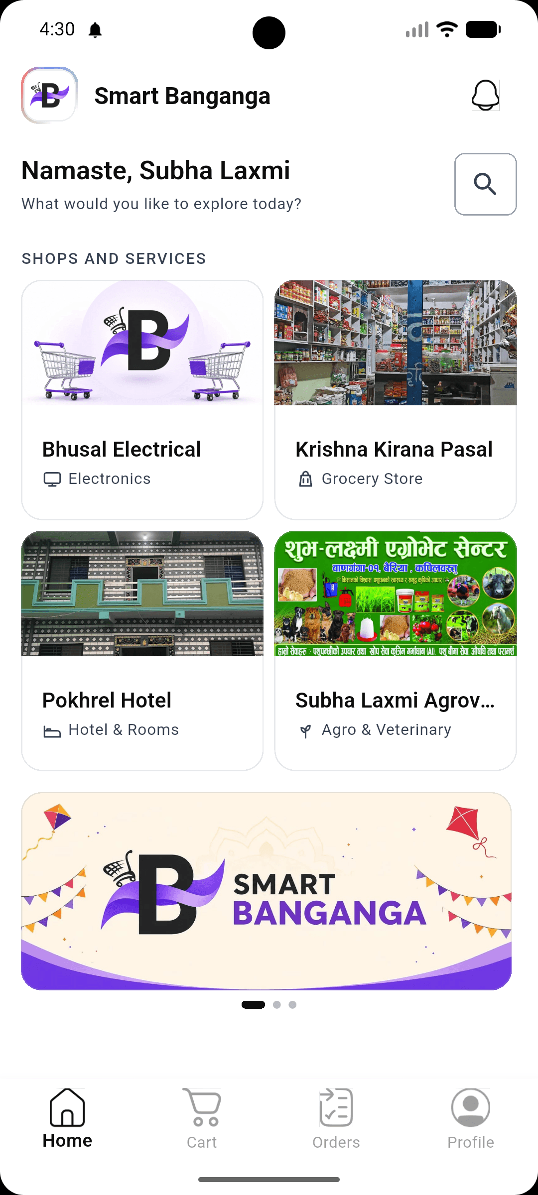 The Smart Banganga app home screen, listing nearby shops and services